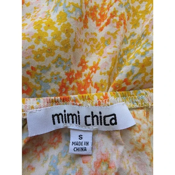 Mimi Chica Yellow Floral Button Front Midi Dress Womens Small Ruffle Hem Boho - Picture 3 of 5